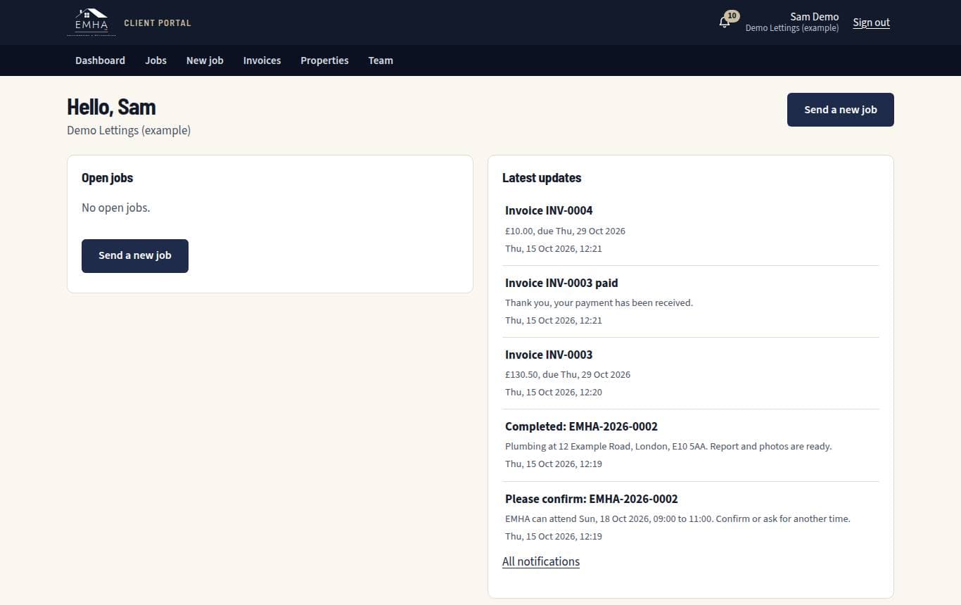 The EMHA client portal dashboard showing open jobs and visits awaiting confirmation